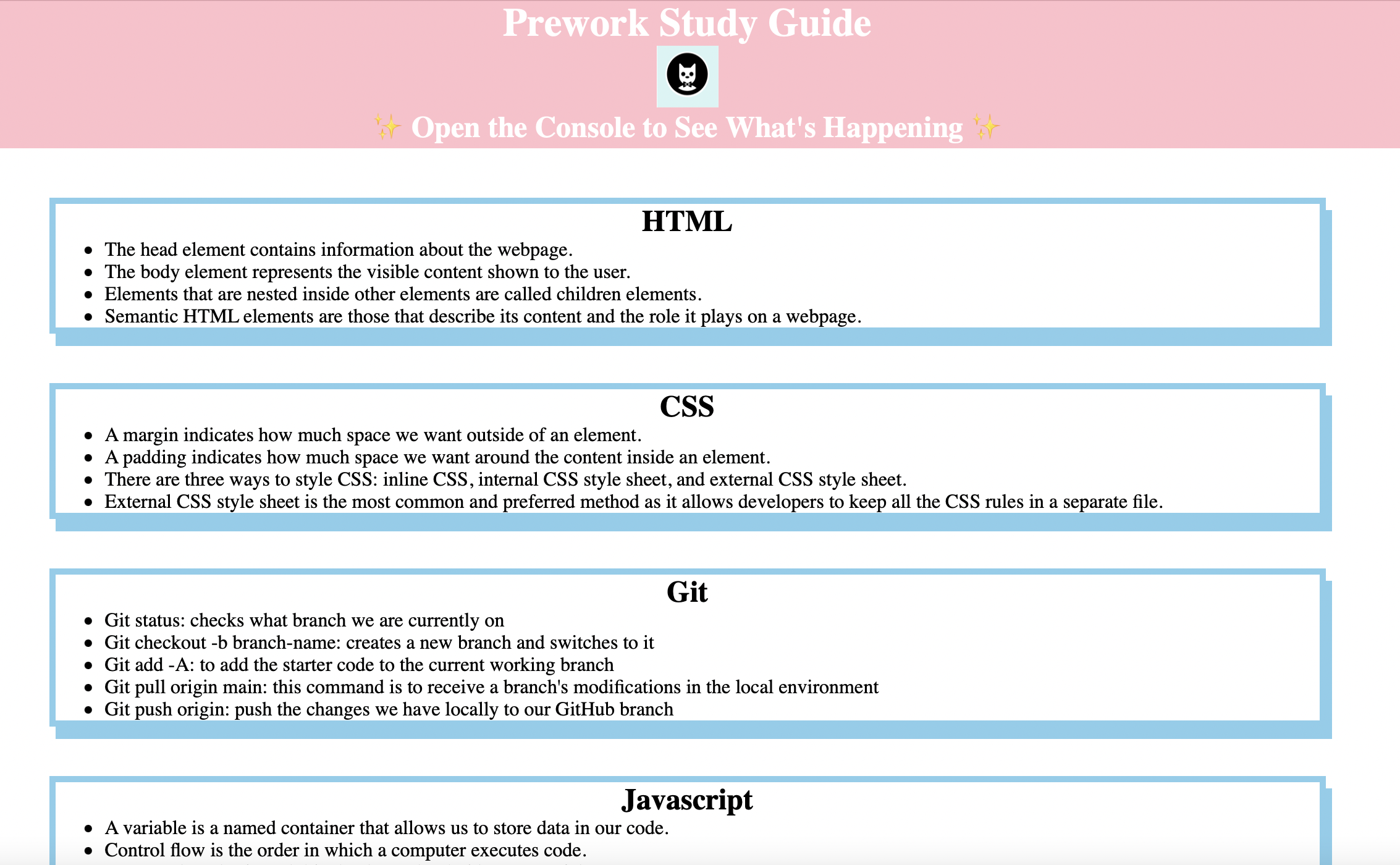 screenshot of prework study guide